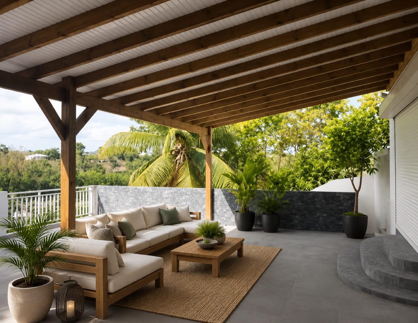 Après avancée de terrasse ombrageant la terrasse