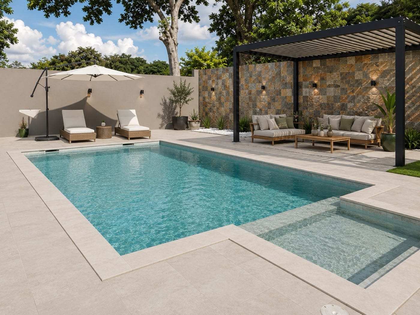 Après : piscine rénovée avec nouveau revêtement étanche