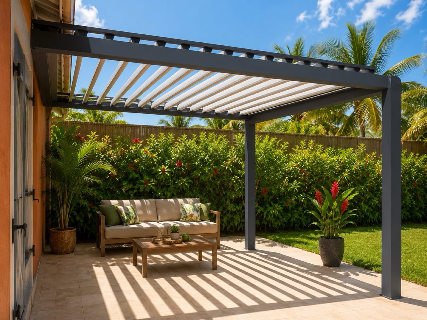 Pergola aluminium sur mesure installée sur une terrasse en Martinique