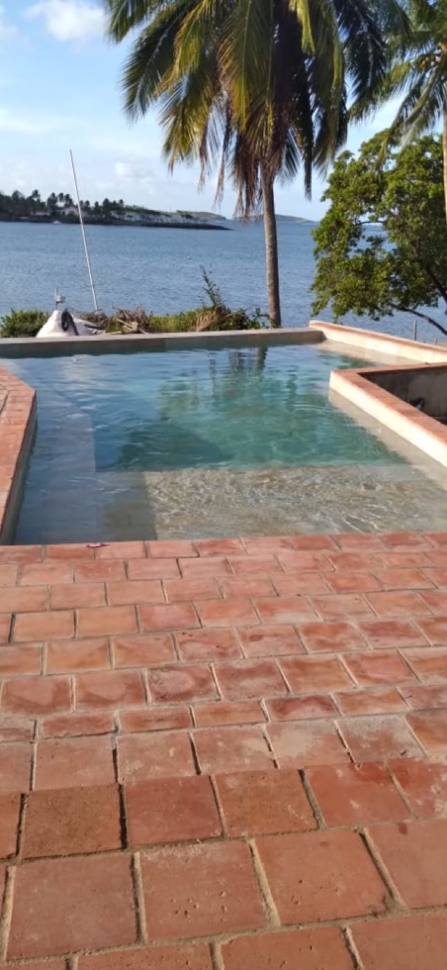 Piscine avec margelles et abords aménagés devant une villa